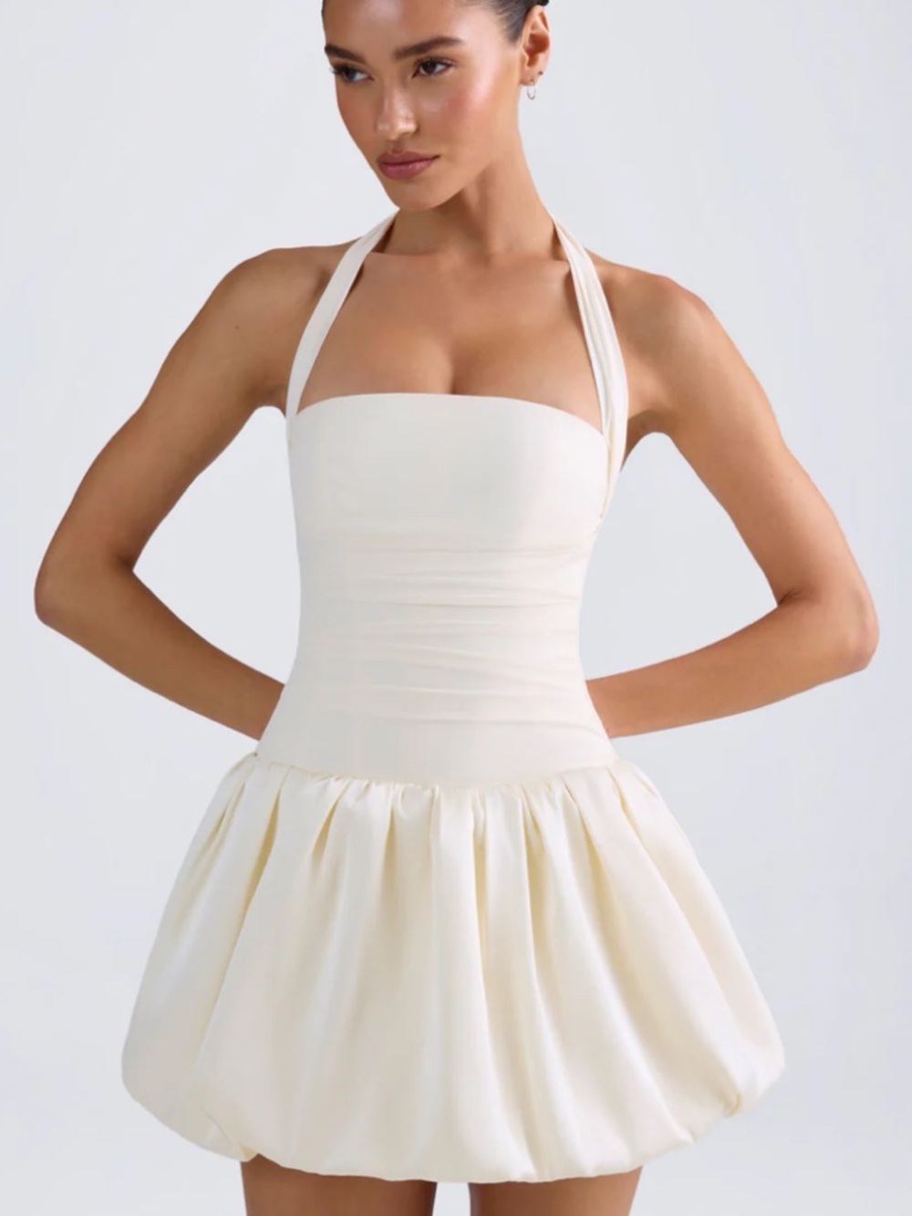 Oh Polly | Ludmila Halterneck Lace-Up Bubble Hem Corset Micro Mini Dress (Ivory)